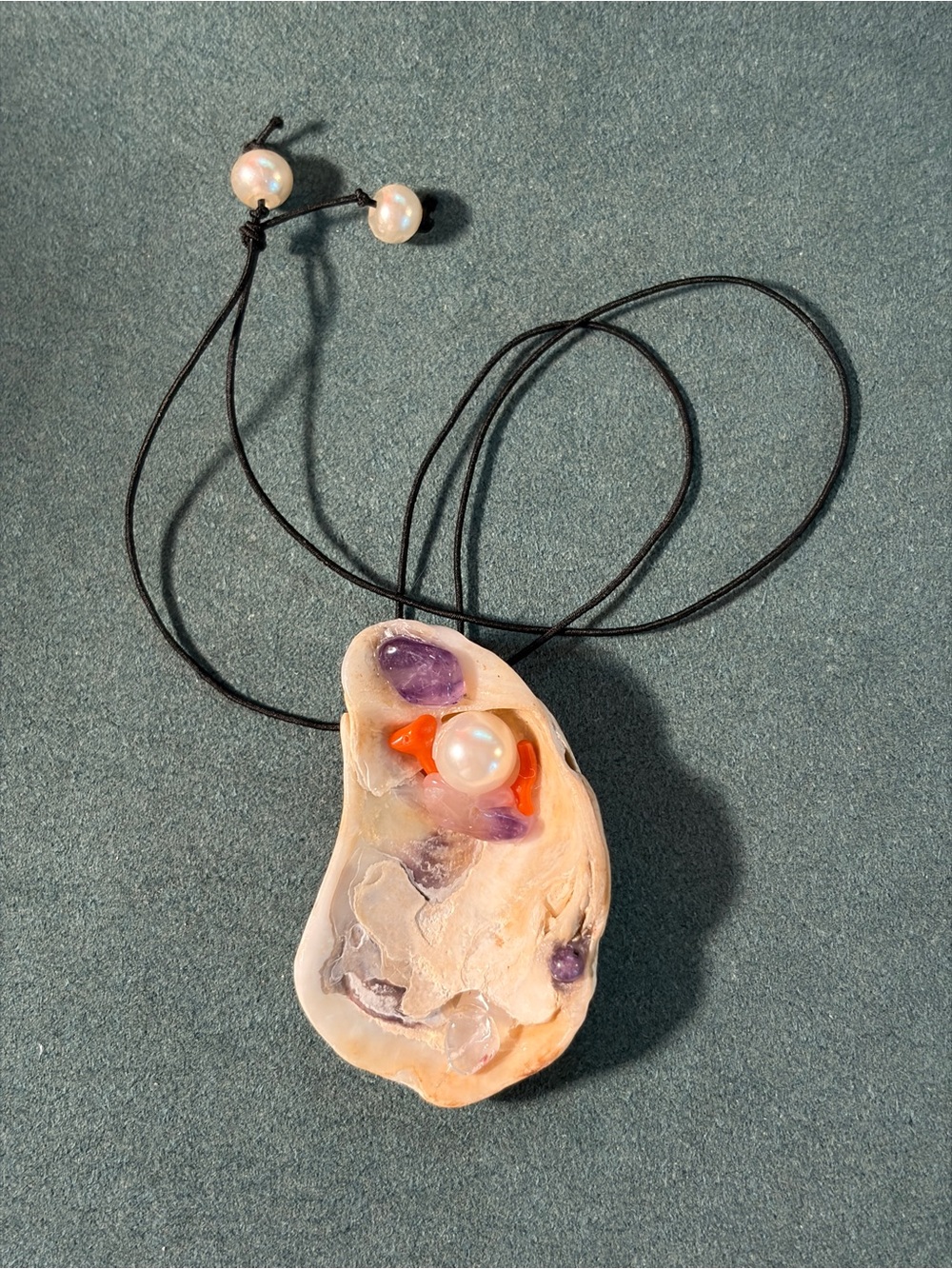 Shell Pendant with Re-purosed Pearl, Bead and Coral